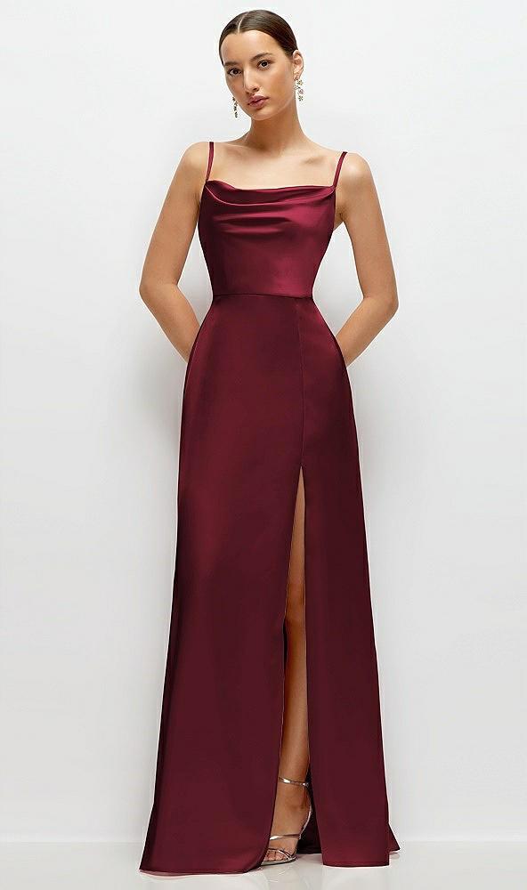 cowl neck satin maxi dress with adjustable spaghetti straps