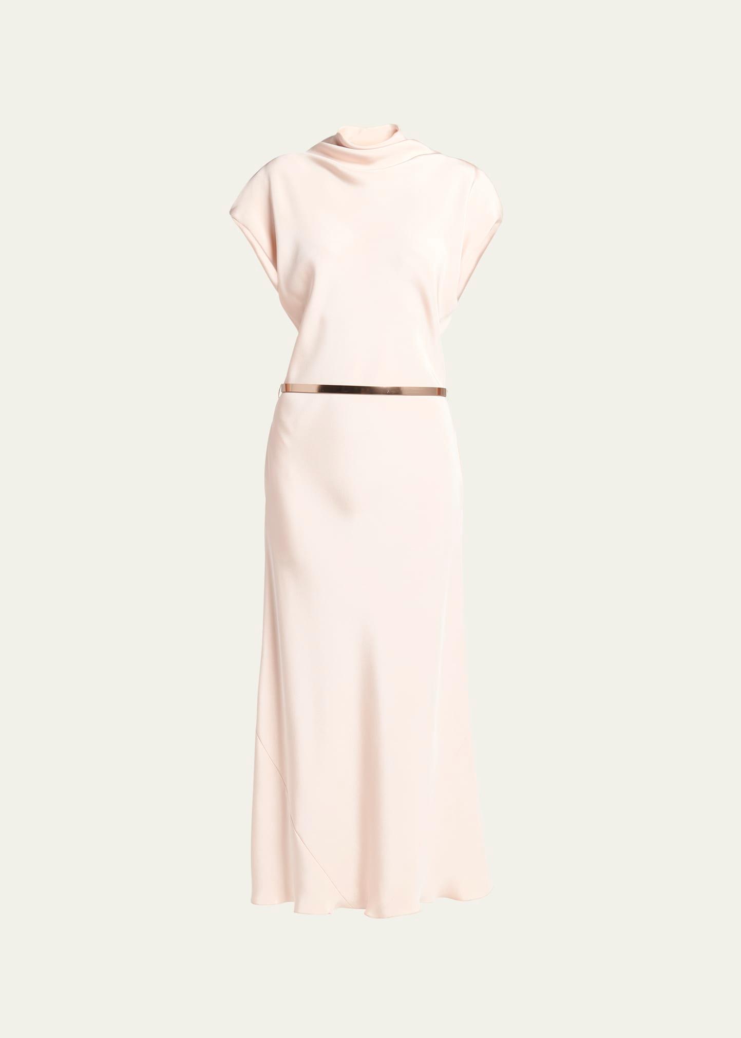 cowl-neck silk crepe maxi dress with leather belt