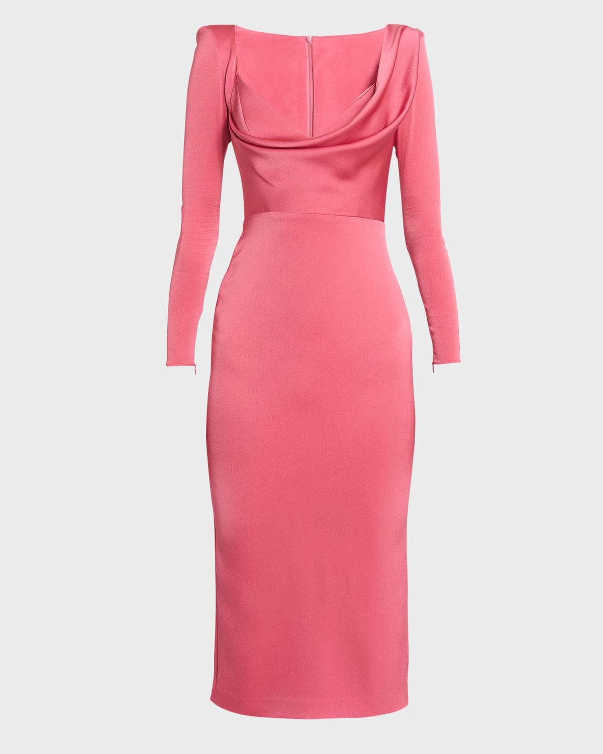 cowl-neck strong-shoulder long-sleeve satin crepe midi dress
