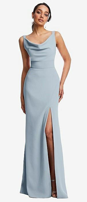 cowl-neck wide strap crepe trumpet gown with front slit