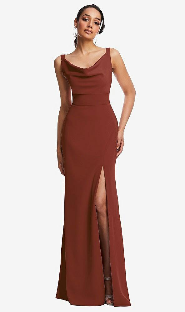cowl-neck wide strap crepe trumpet gown with front slit