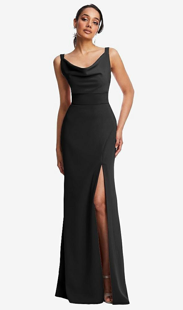 cowl-neck wide strap crepe trumpet gown with front slit