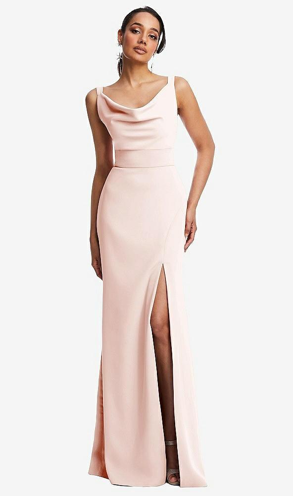 cowl-neck wide strap crepe trumpet gown with front slit