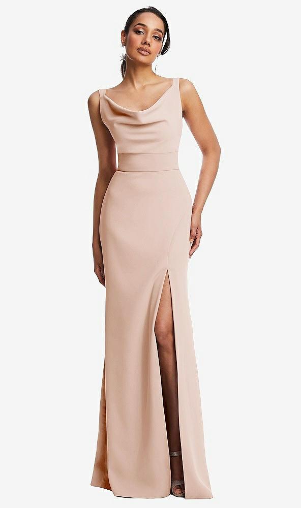 cowl-neck wide strap crepe trumpet gown with front slit