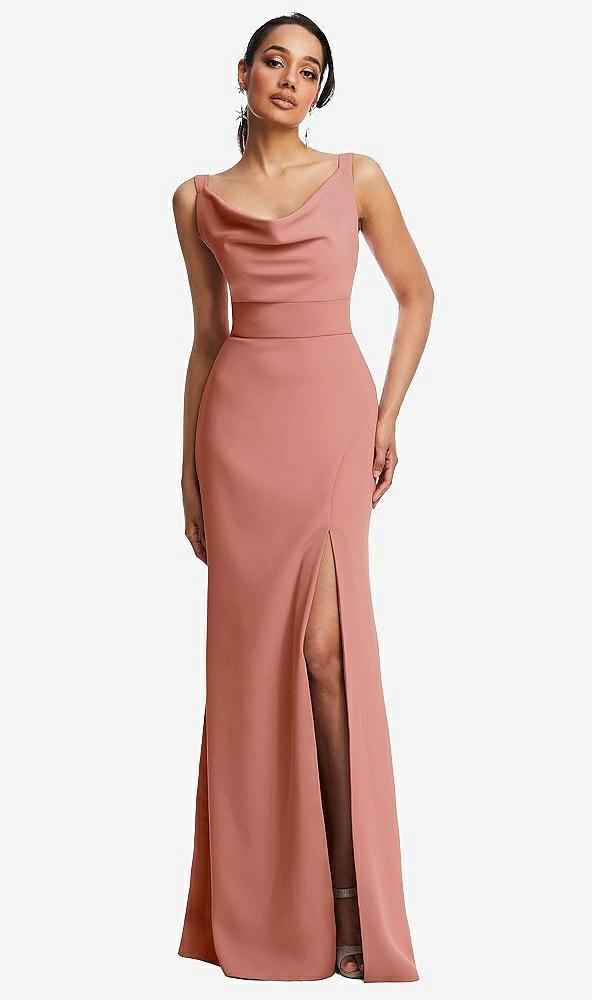 cowl-neck wide strap crepe trumpet gown with front slit