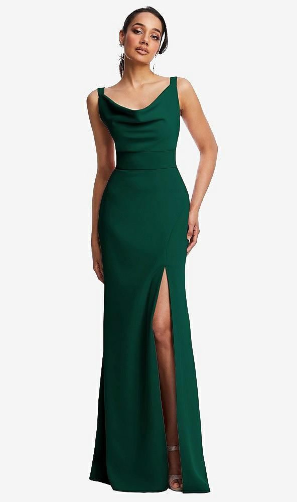 cowl-neck wide strap crepe trumpet gown with front slit