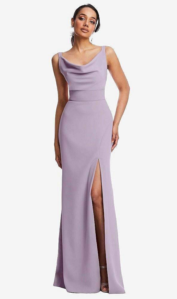 cowl-neck wide strap crepe trumpet gown with front slit