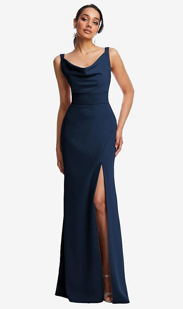 cowl-neck wide strap crepe trumpet gown with front slit