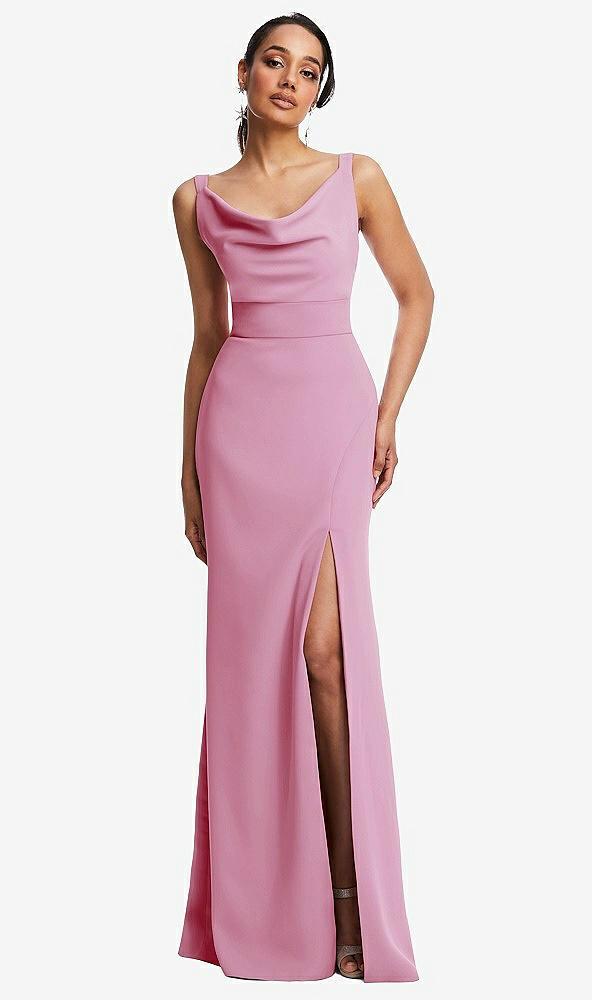 cowl-neck wide strap crepe trumpet gown with front slit