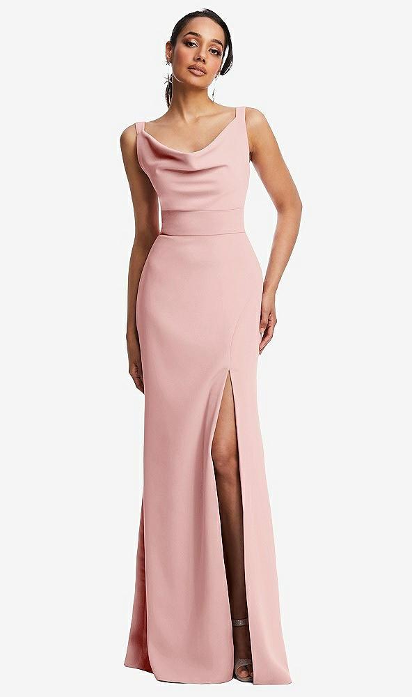 cowl-neck wide strap crepe trumpet gown with front slit