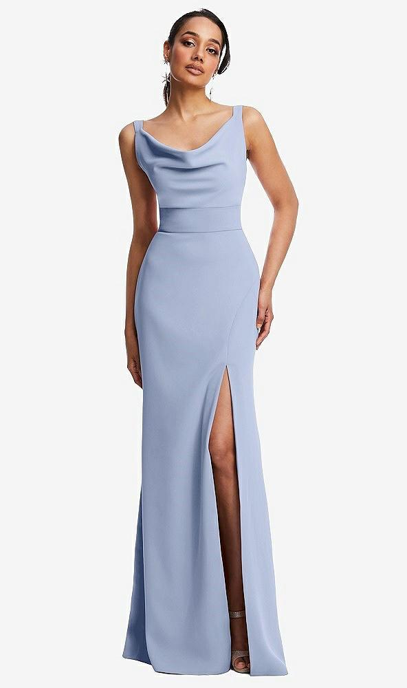 cowl-neck wide strap crepe trumpet gown with front slit