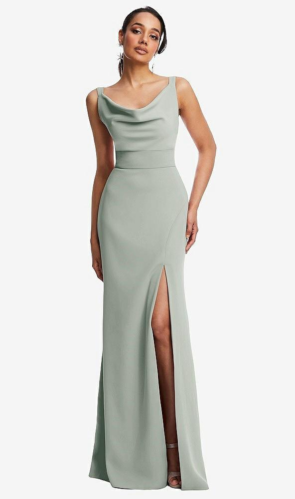 cowl-neck wide strap crepe trumpet gown with front slit