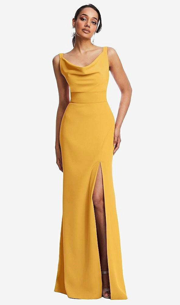 cowl-neck wide strap crepe trumpet gown with front slit