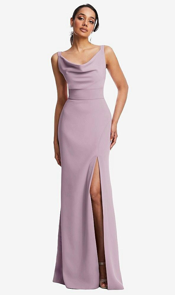 cowl-neck wide strap crepe trumpet gown with front slit