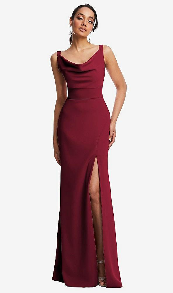 cowl-neck wide strap crepe trumpet gown with front slit