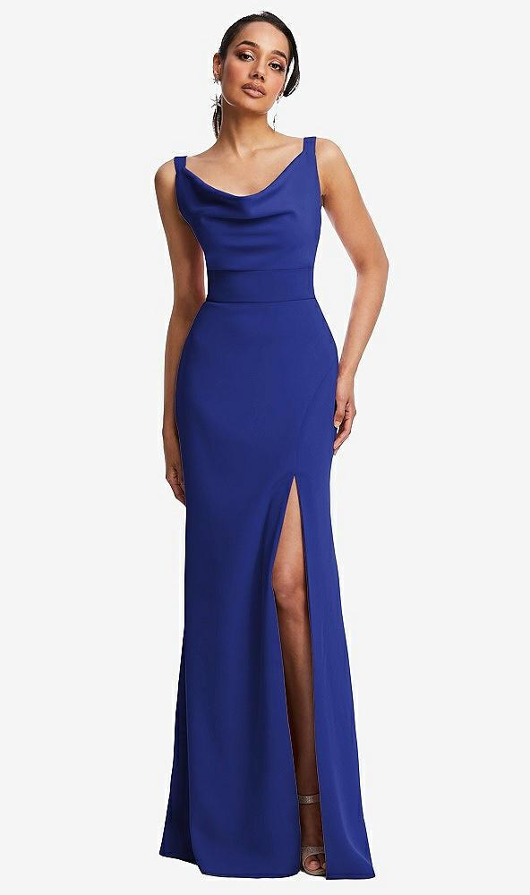 cowl-neck wide strap crepe trumpet gown with front slit