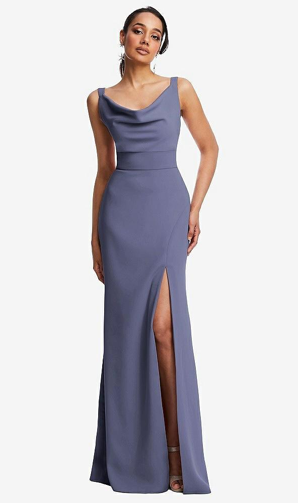 cowl-neck wide strap crepe trumpet gown with front slit