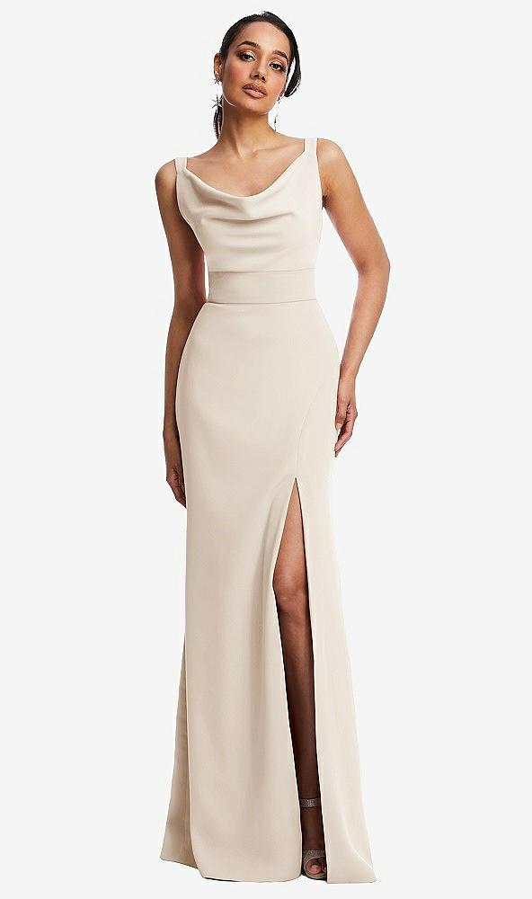 cowl-neck wide strap crepe trumpet gown with front slit