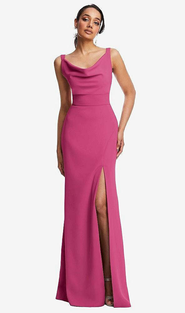 cowl-neck wide strap crepe trumpet gown with front slit
