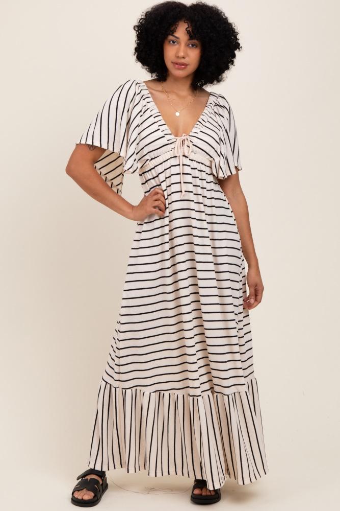 cream/ black stripe knit flutter sleeve v-neck tiered maxi dress