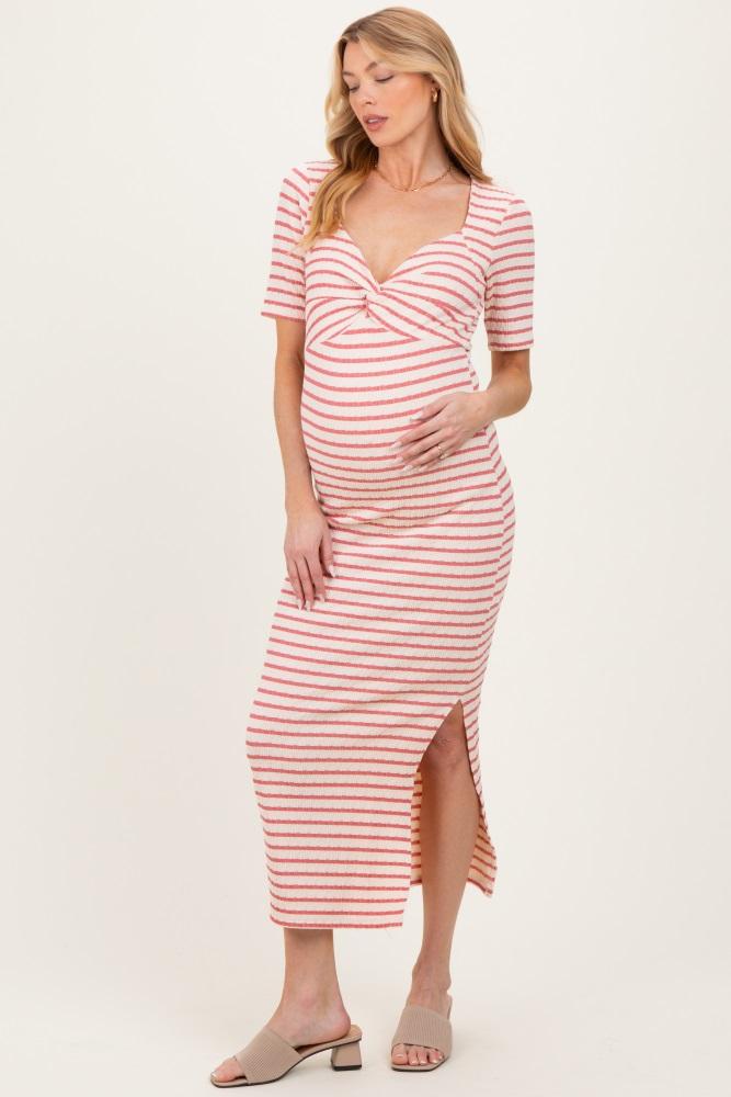 cream/ mauve striped knit short sleeve maternity maxi dress