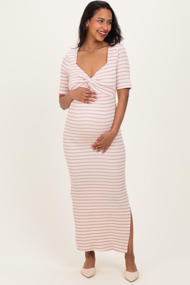 cream/ pink striped knit short sleeve maternity maxi dress