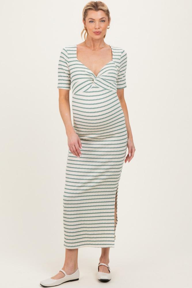 cream/ sage striped knit short sleeve maternity maxi dress