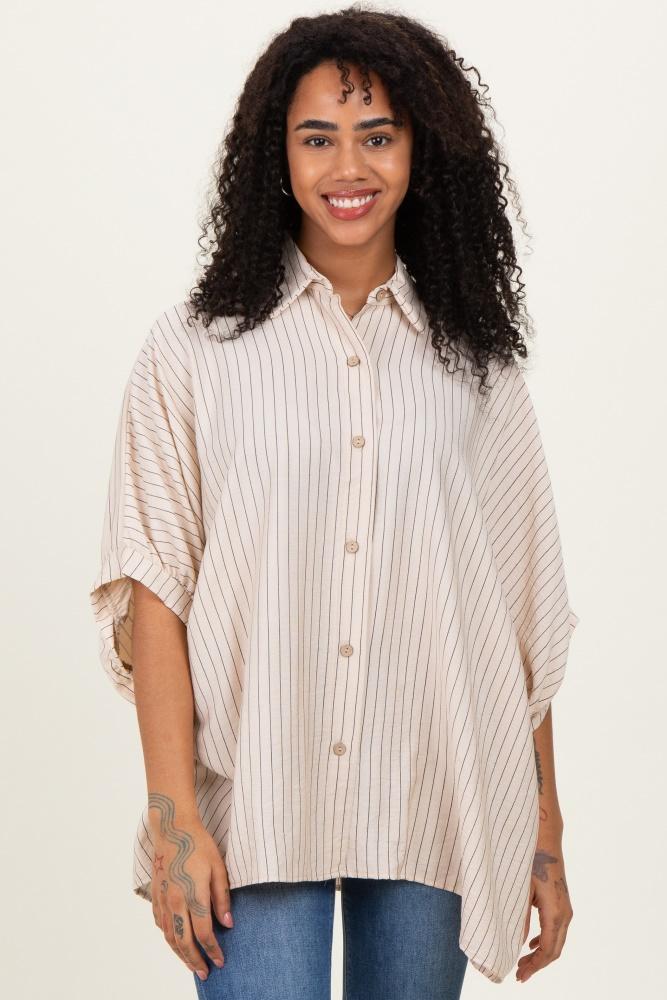 cream/black striped short sleeve collared button down blouse
