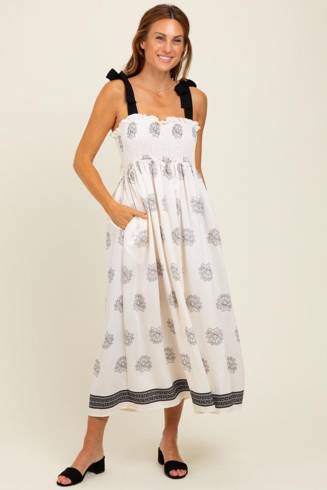 cream/black vintage floral border printed smocked top sleeveless maxi dress