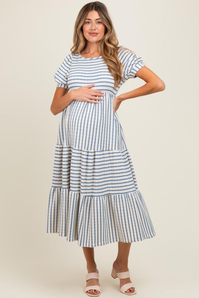 cream/blue striped short sleeve tiered maternity maxi dress