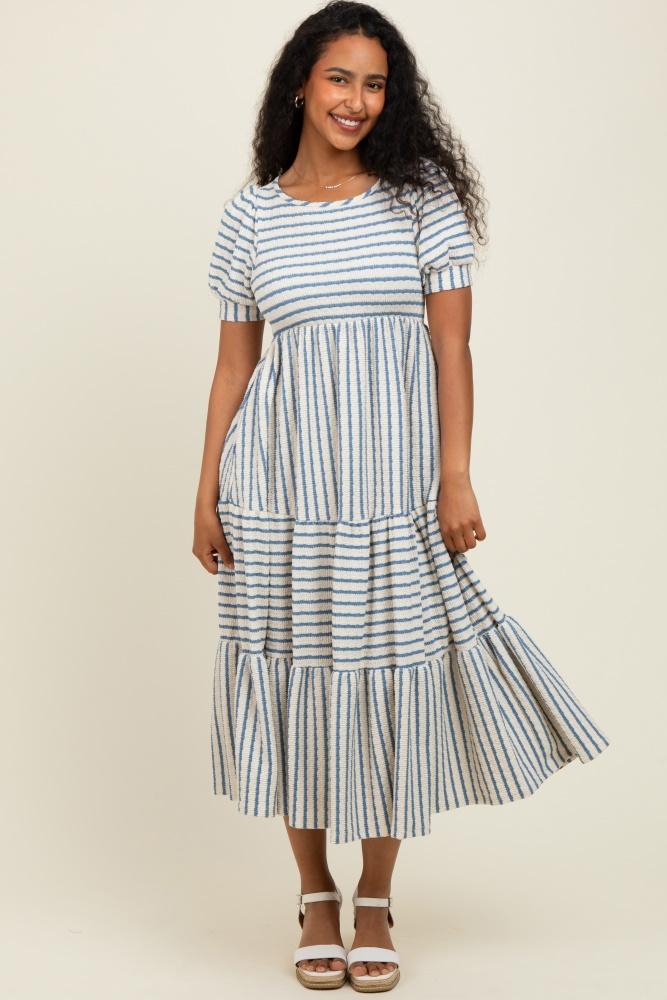 cream/blue striped short sleeve tiered maxi dress