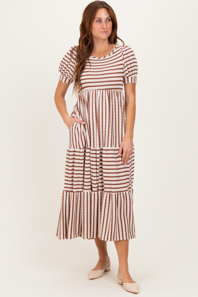 cream/camel striped short sleeve tiered maxi dress