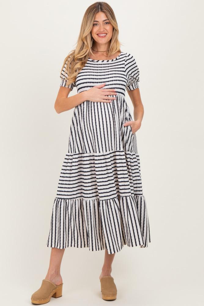 cream/navy striped short sleeve tiered maternity maxi dress