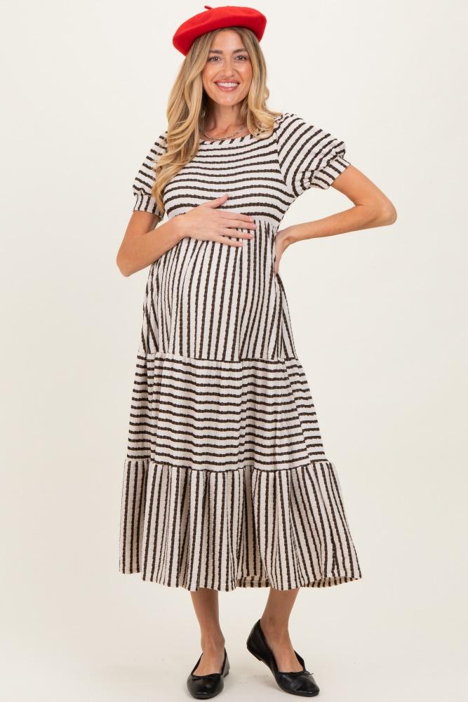 cream/olive striped short sleeve tiered maternity maxi dress