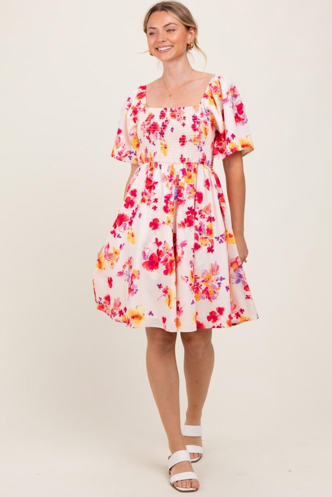 cream/red floral smocked top mini dress