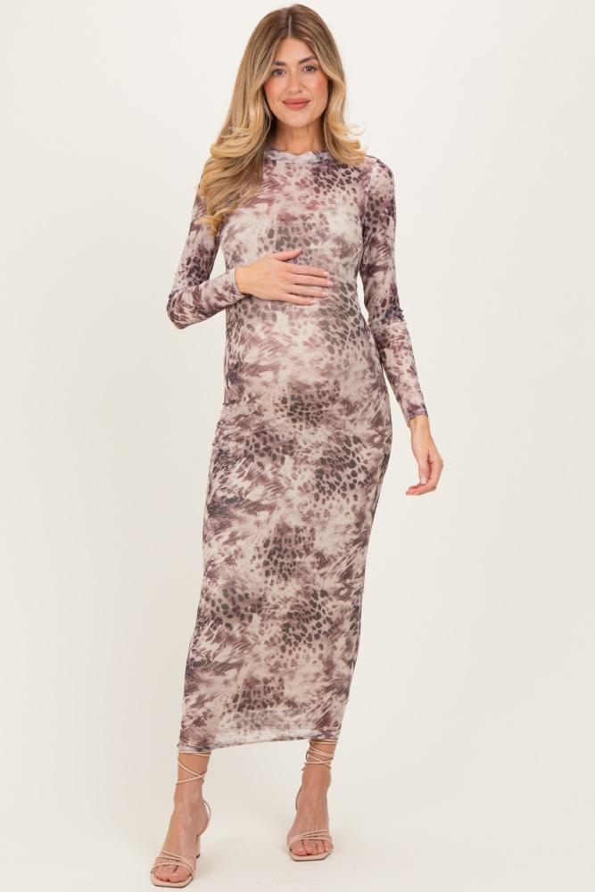 cream animal print mesh overlay maternity maxi dress