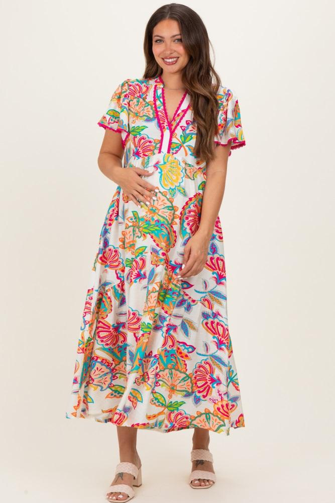 cream boho print lace trim tiered maternity midi dress