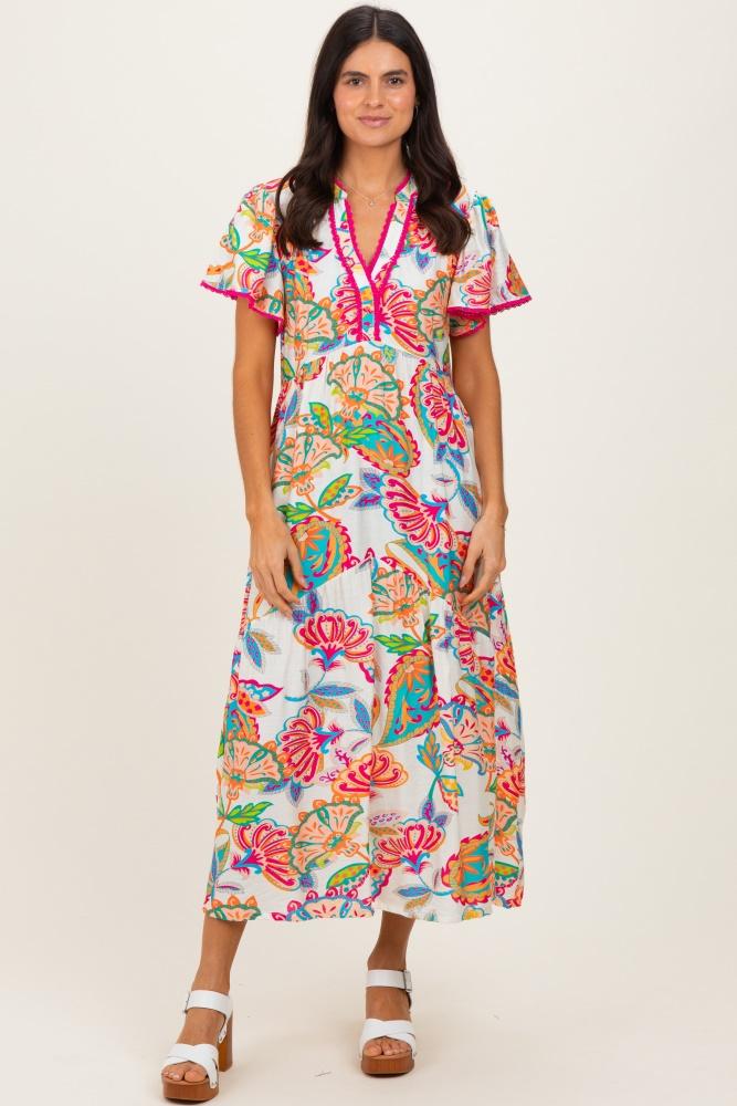 cream boho print lace trim tiered midi dress