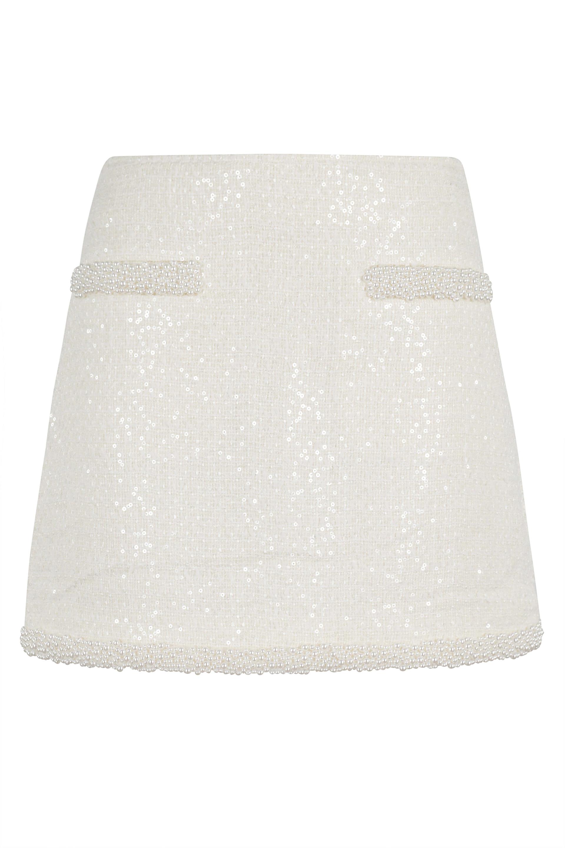 cream boucle pearl trim mini skirt