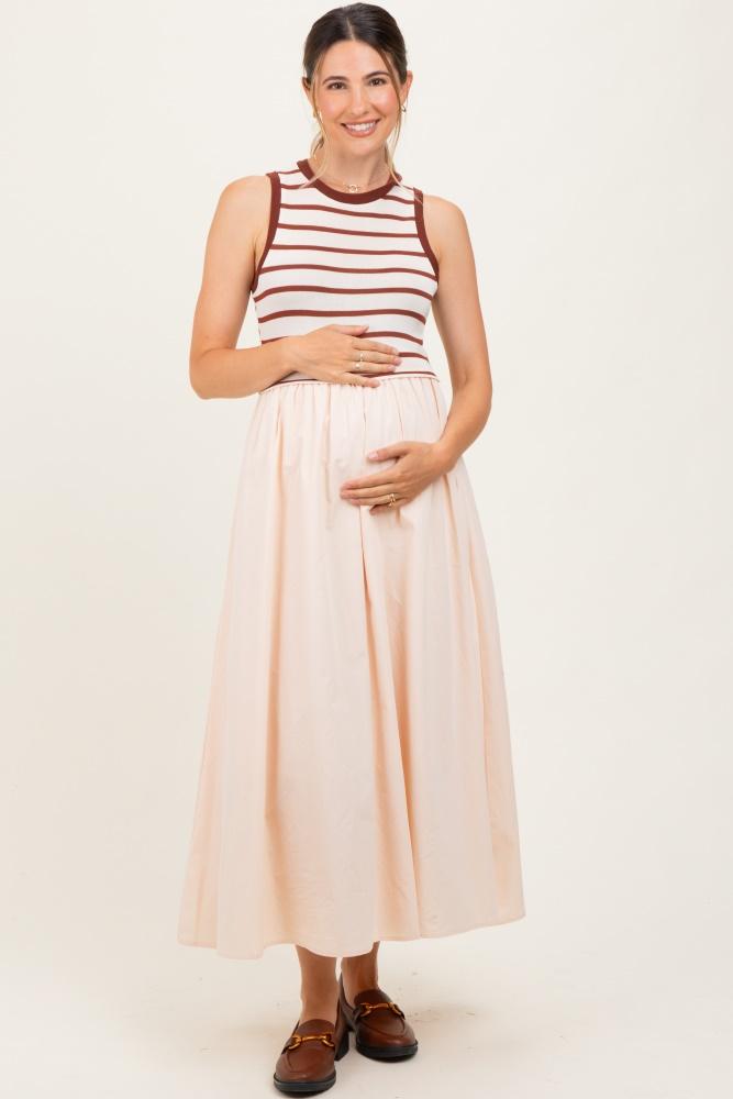 cream contrast striped bodice sleeveless maternity maxi dress