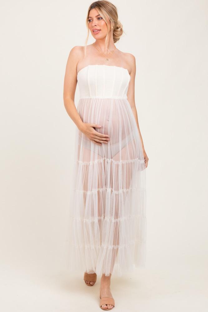 cream corset tiered tulle maternity photoshoot dress