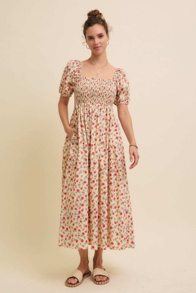 cream cotton poplin floral smocked midi dress