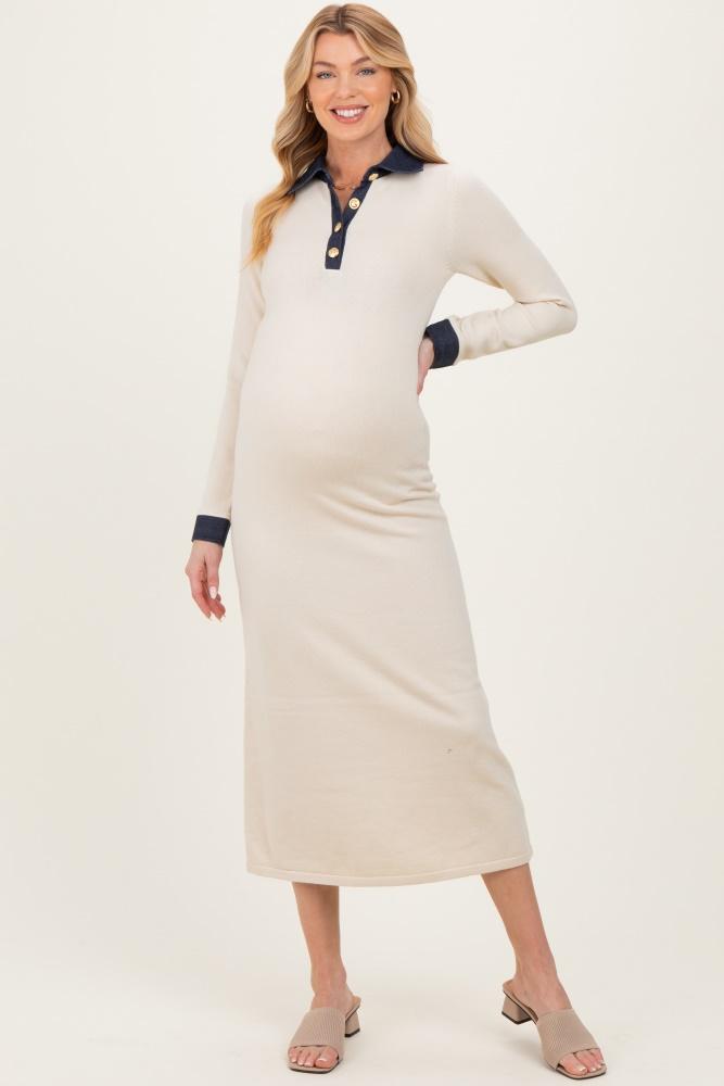 cream denim trim maternity knit dress