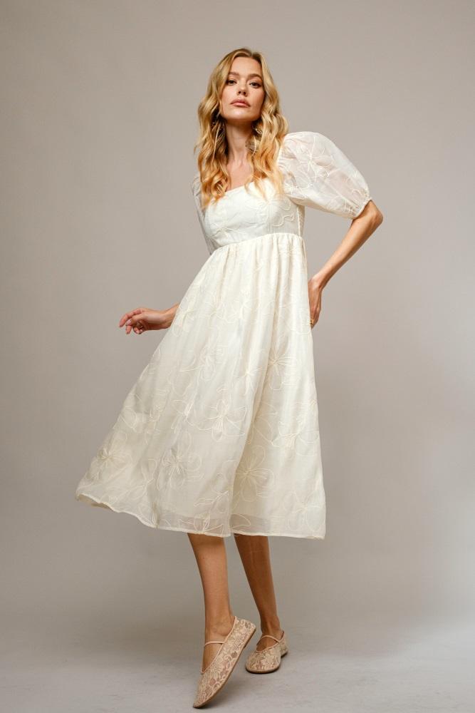 cream embroidered floral puff sleeve midi dress