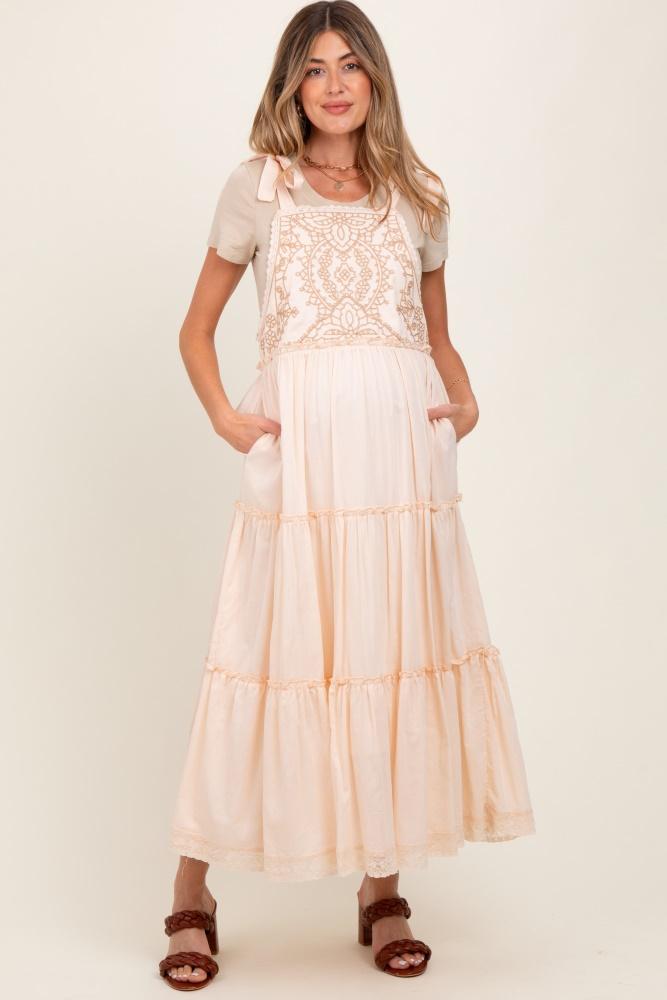 cream embroidered ruffle tiered apron maternity dress