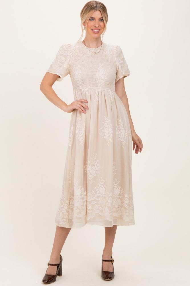 cream embroidered smocked midi dress