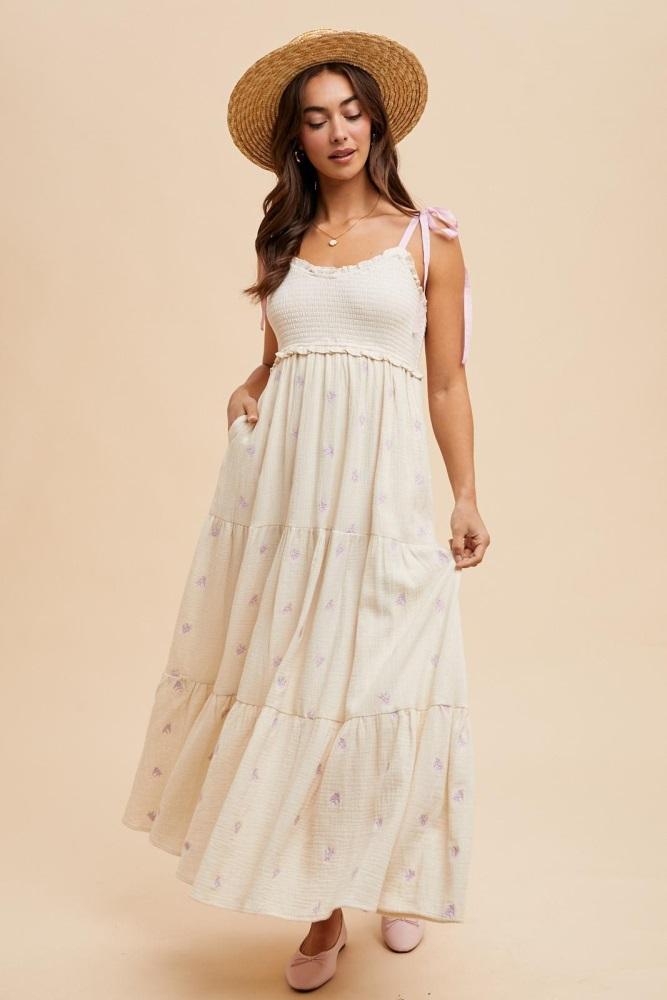 cream embroidered smocked shoulder tie maxi dress