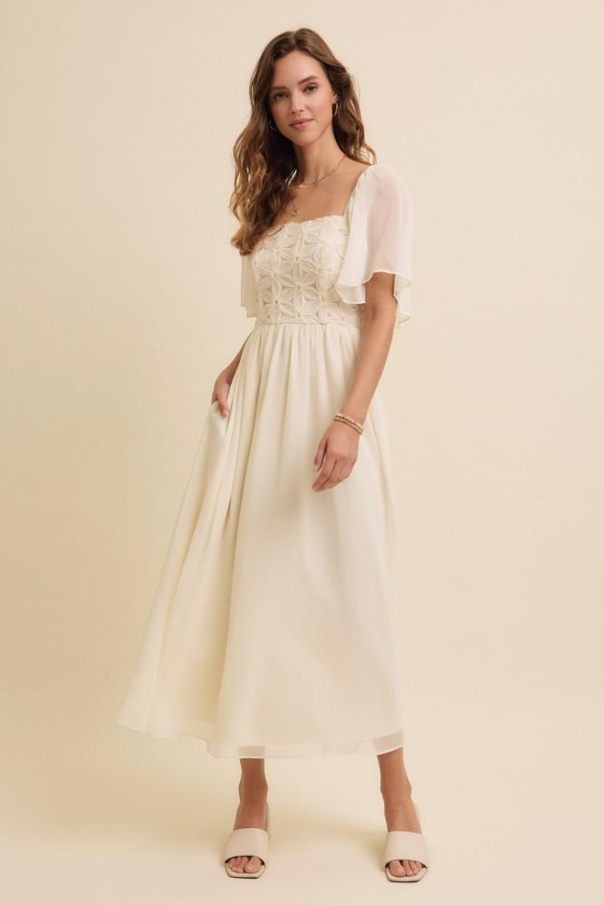 cream floral applique flutter sleeved midi dress