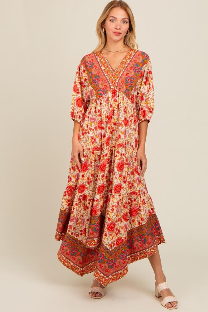 cream floral border print v-neck tiered midi dress