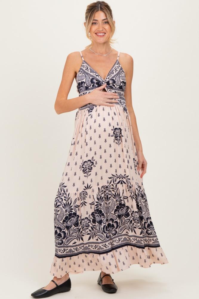 cream floral border twist front cutout maternity maxi dress